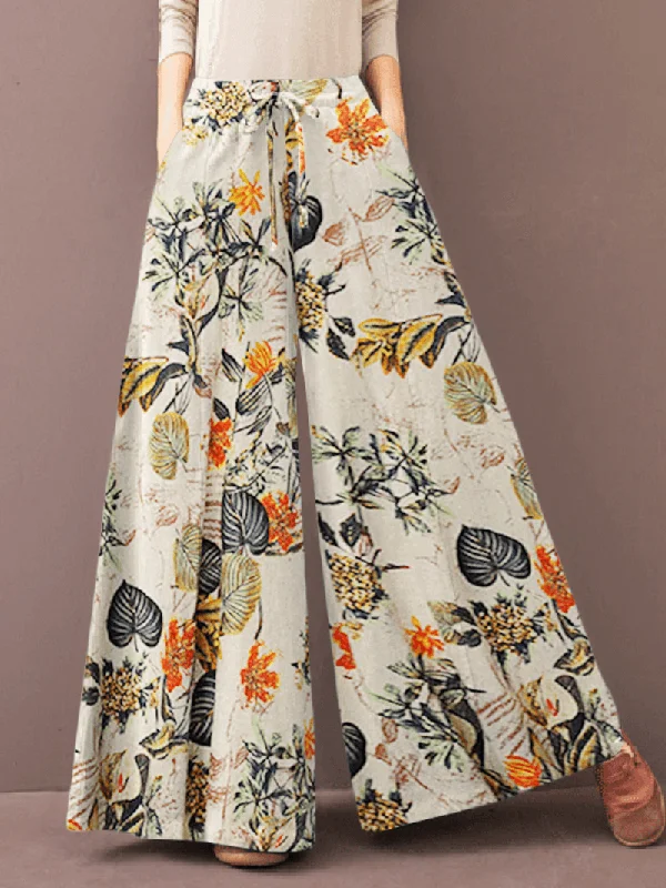 Weekend Wonders Await! Women Vintage Floral Plant Print Drawstring Wide Leg Pants with Pocket
