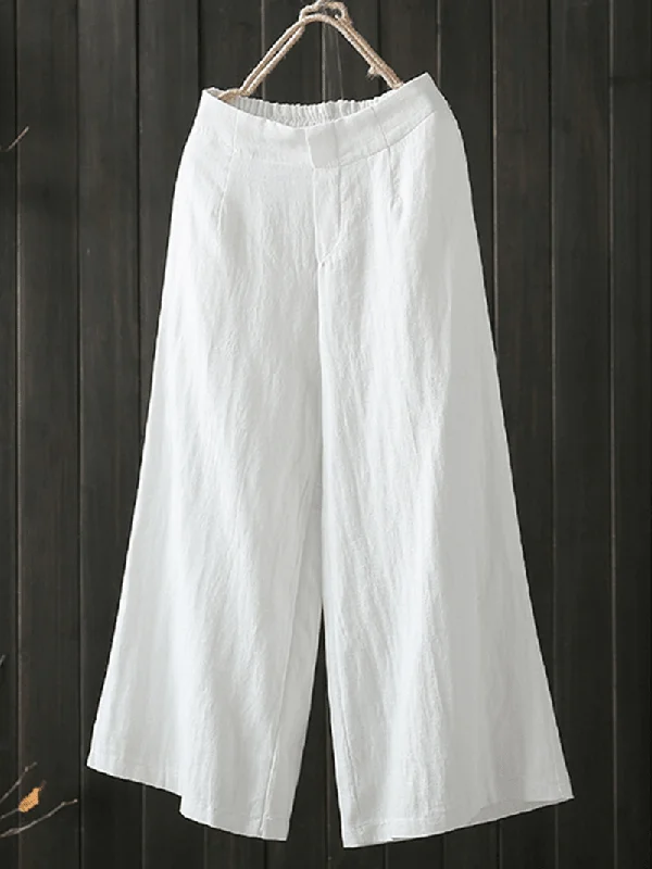 The Best Deal Women High Elastic Waist Loose Cotton Wide Leg Pants with Pockets