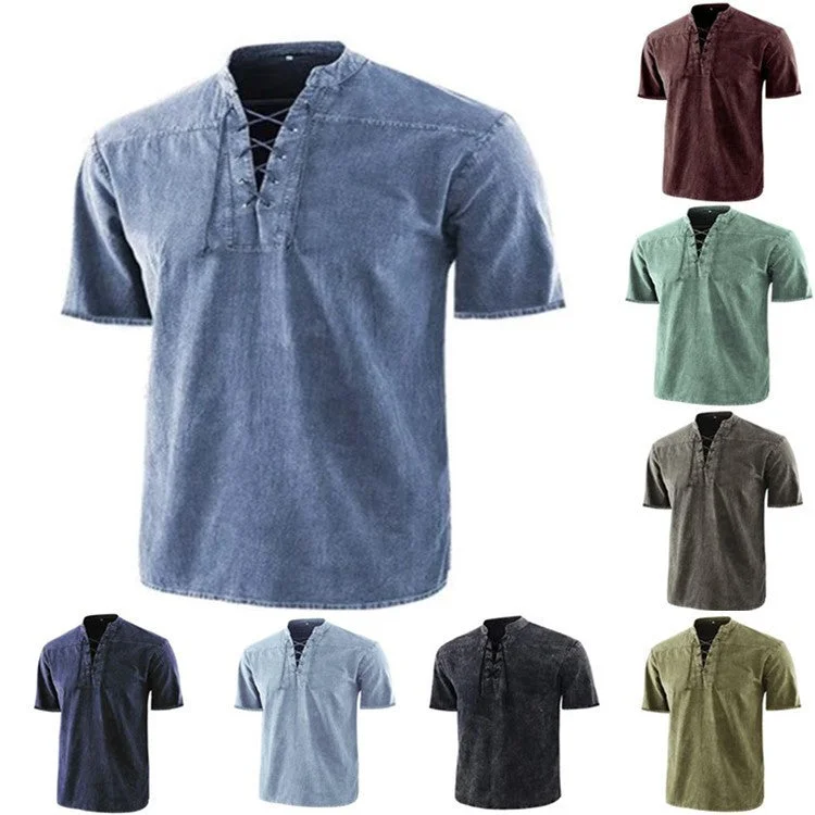 Stock Up and Save Retro Shirt Men Tie Collar Short-sleeved Shirt Summer