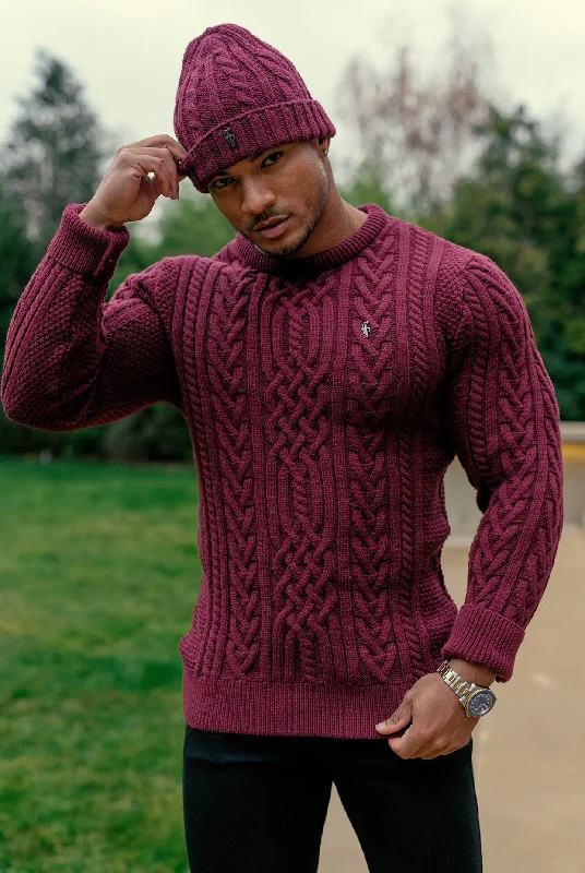 Father Sons Burgundy Twisted Braid Weave Super Slim Jumper With Gunmetal Decal - FSJ043