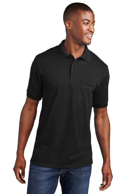 Super Sale Port & Company Mens Core Stain Resistant Short Sleeve Polo Shirt w/ Pocket - Jet Black