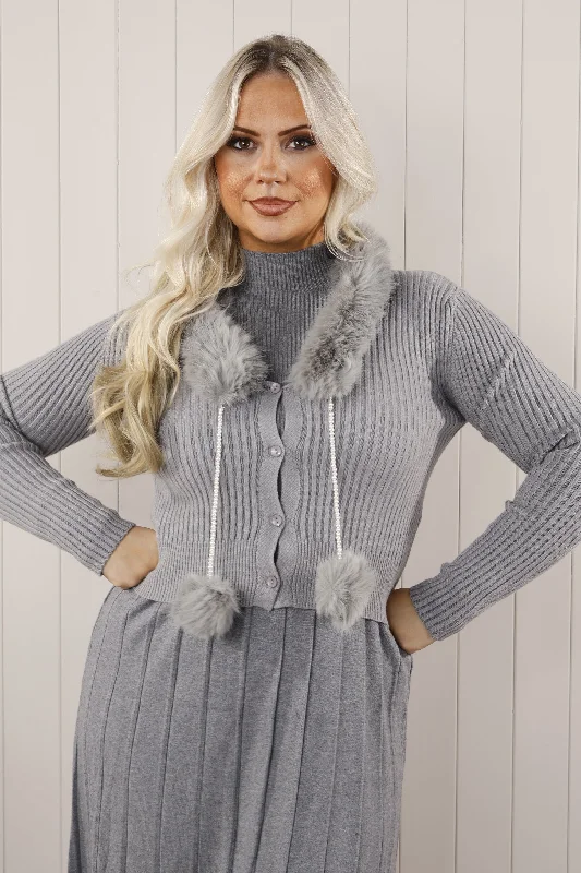Unmissable Offer Crazy Deals Cari Pom Pom knit Cardi Grey