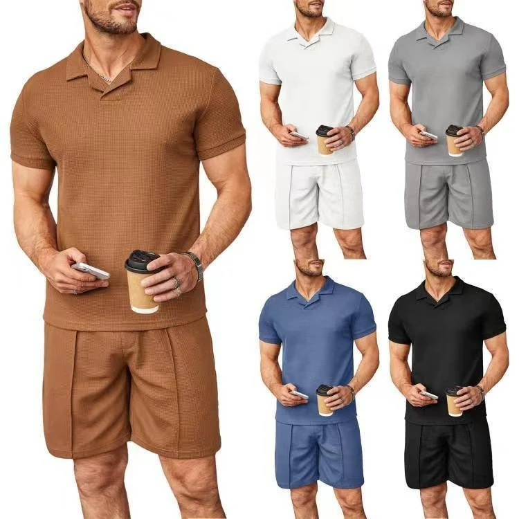 Anniversary Sale 2pcs Set Men V Neck Polo Shirt Lapel Short Sleeve Men's Suit Waffle Style Casual Fashion T-Shirt Summer