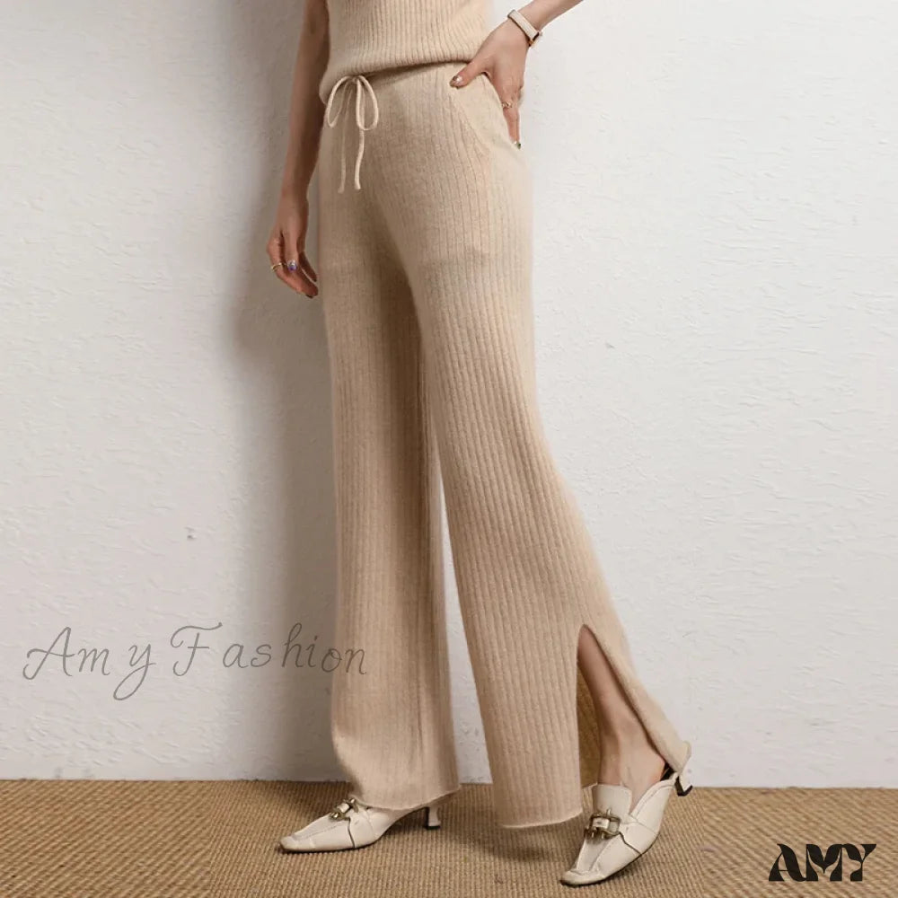 Weekend Specials to Delight Cashmere Side Slit Wide Leg Warm High-Quality Pants