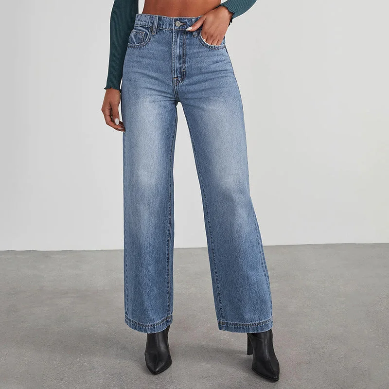 Half Price Slim-fit High Elasticity Mid-waist Straight-leg Women's Denim Pants