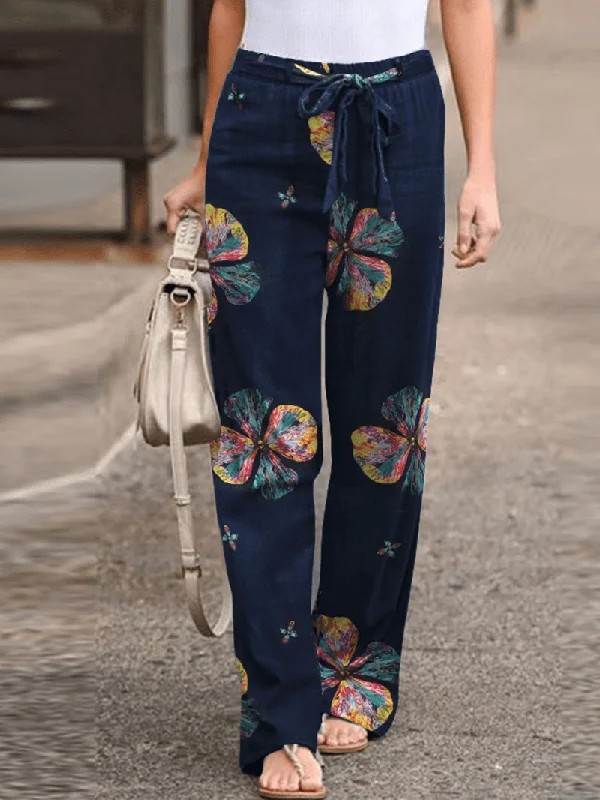Weekend Specials Just for You Women Vintage Print Lace-Up Elastic Waist Wide-Legged Pants with Side Pockets
