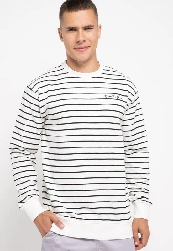 Third Day MO184 sweater casual pria dakir katakana stripe putih hitam