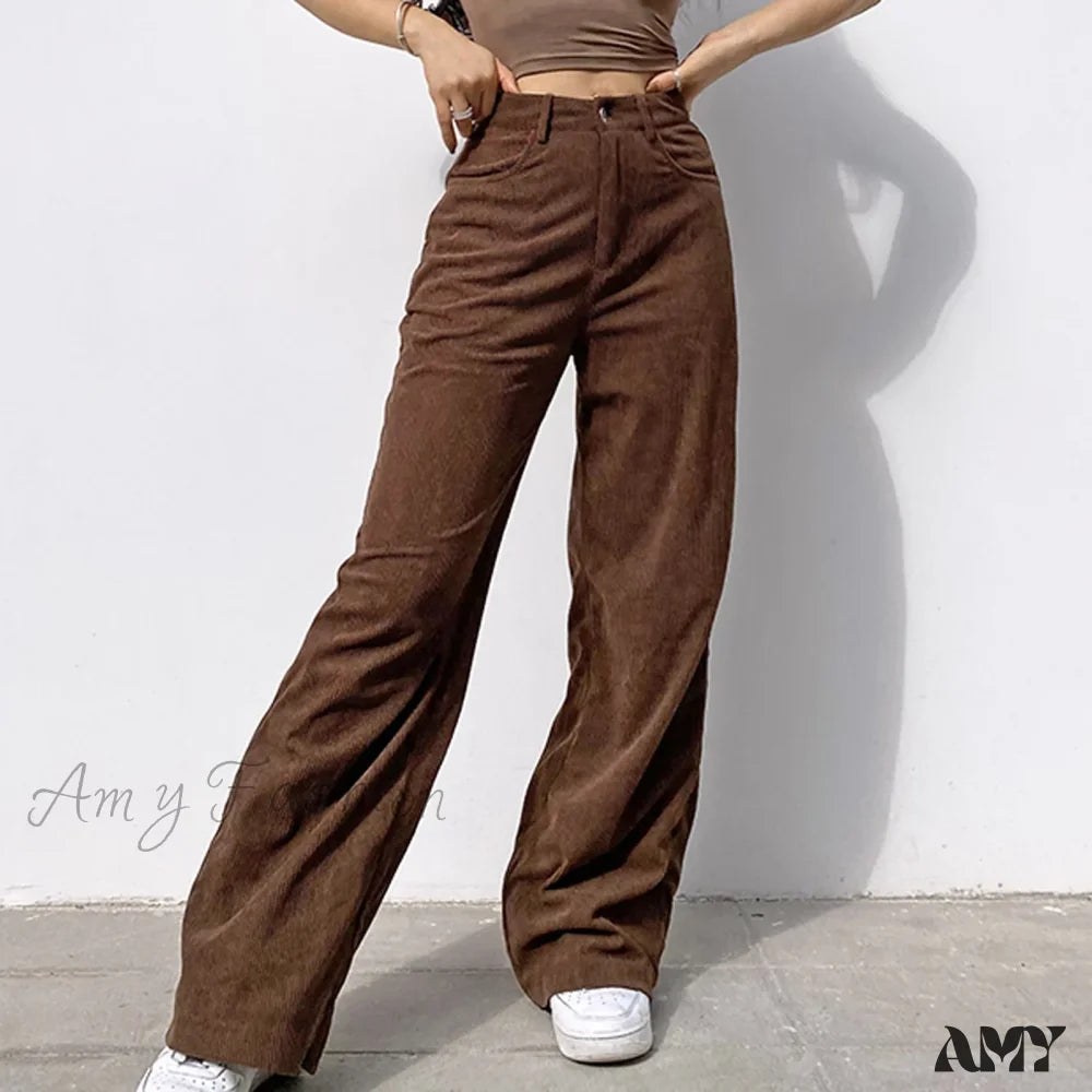 Act Fast Corduroy Retro High Waist Straight Leg Casual Pants