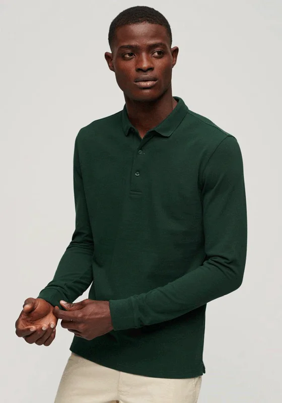 Superdry Long Sleeve Pique Polo Shirt, Forest Green