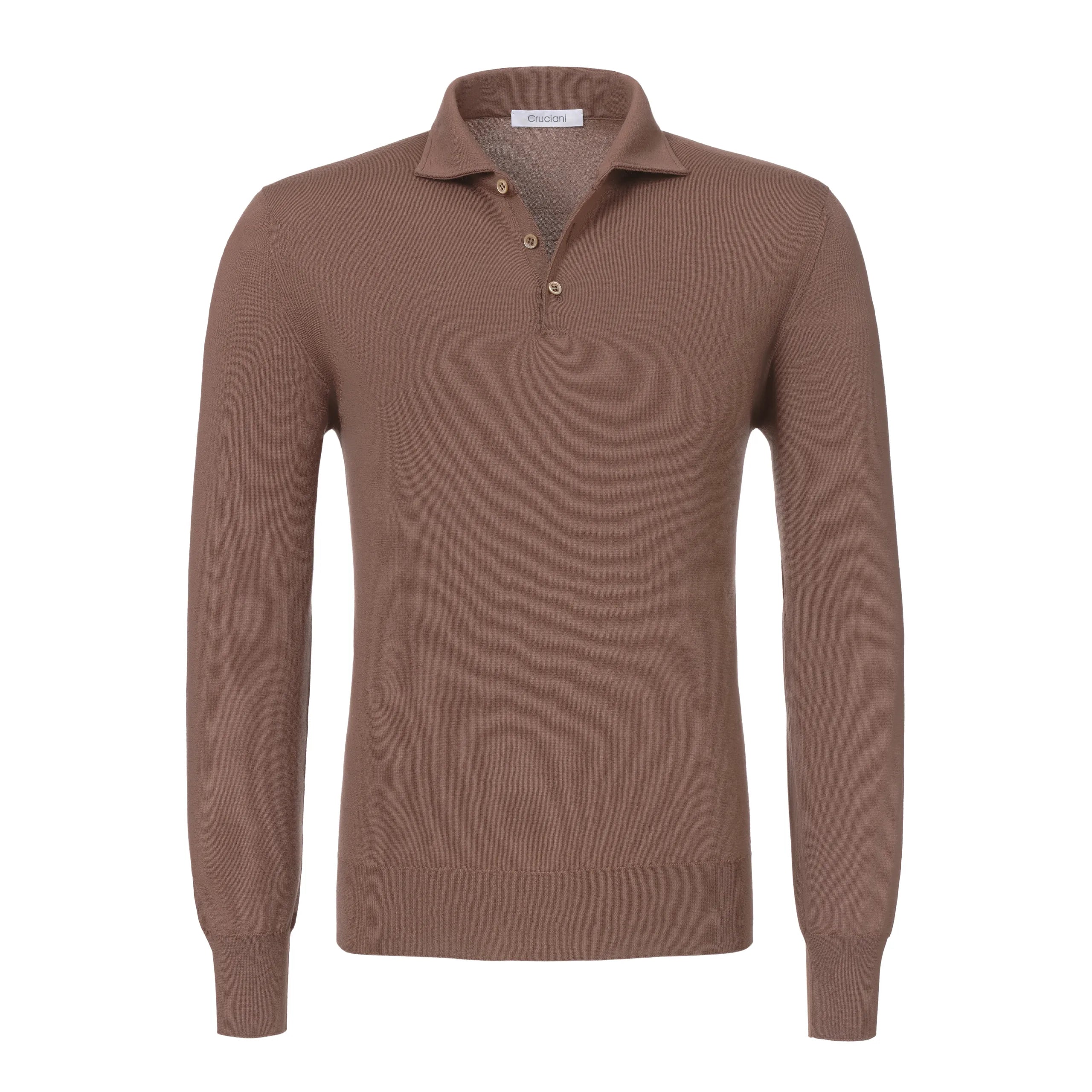 Special Price Wool Long Sleeve Polo Shirt in Marrone