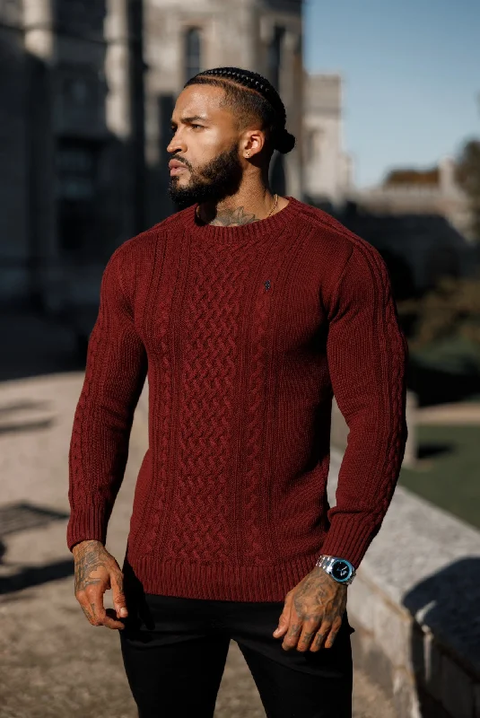 Father Sons Burgundy Knitted Cable Saddle Crew Super Slim Jumper With Metal Decal - FSN079