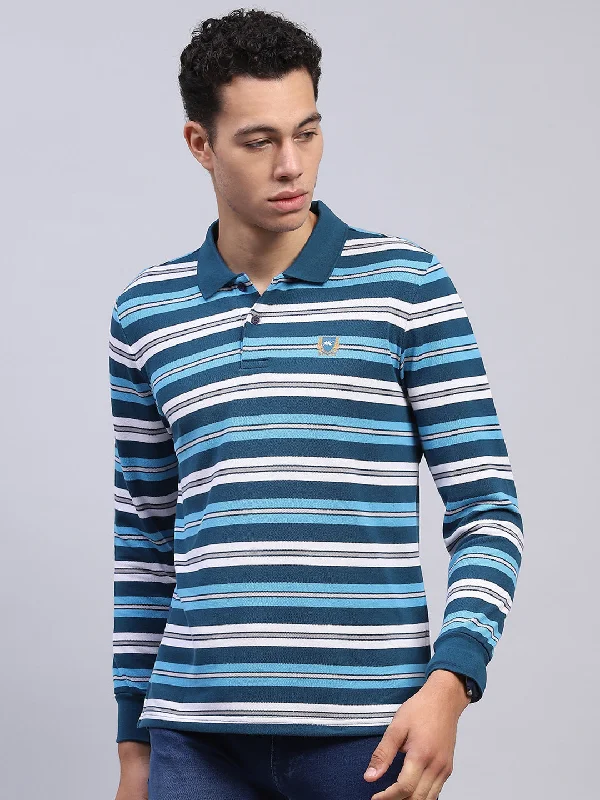Weekend Discounts to Celebrate Men Blue Stripe Collar Full Sleeve Winter T-Shirt