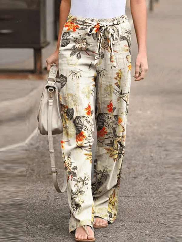 Weekend Discounts Worth Grabbing Women High Elastic Waist Floral Print Belted Side Pocket Vintage Pants