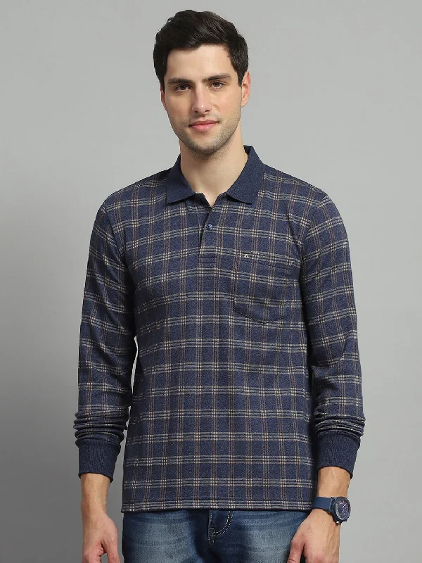 Shop the Weekend Away Men Blue Check Collar Full Sleeve Winter T-Shirt