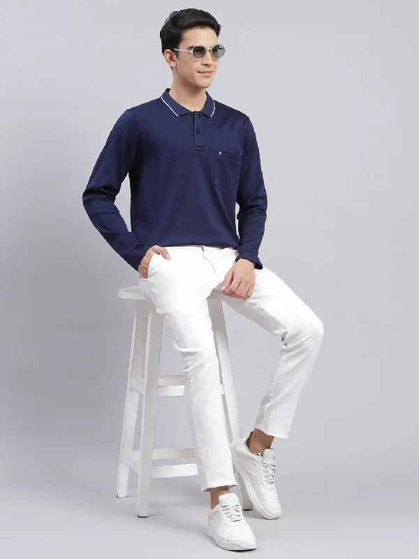 Make Your Weekend Count with Savings Men Navy Blue Jaquard Double Mercerized Cotton T-Shirt
