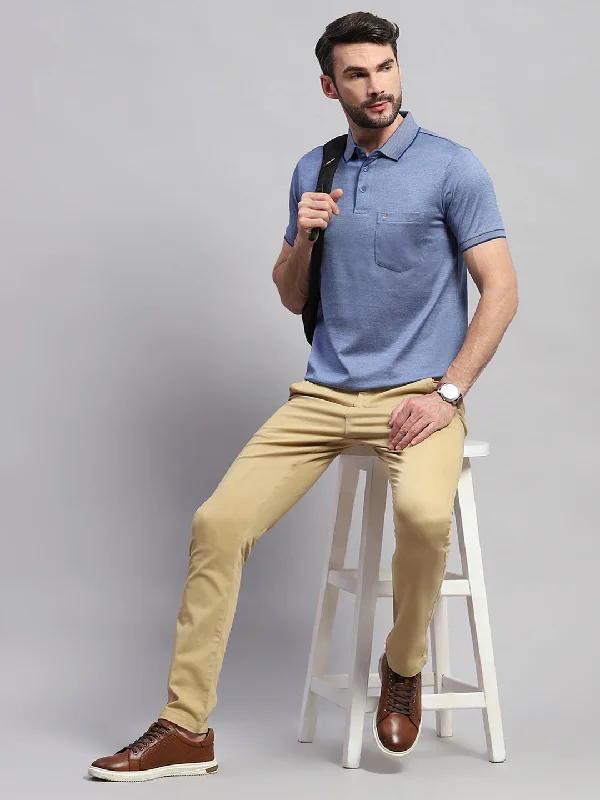 Weekend Bargains to Relish Men Blue Solid Collar Half Sleeve T-Shirt