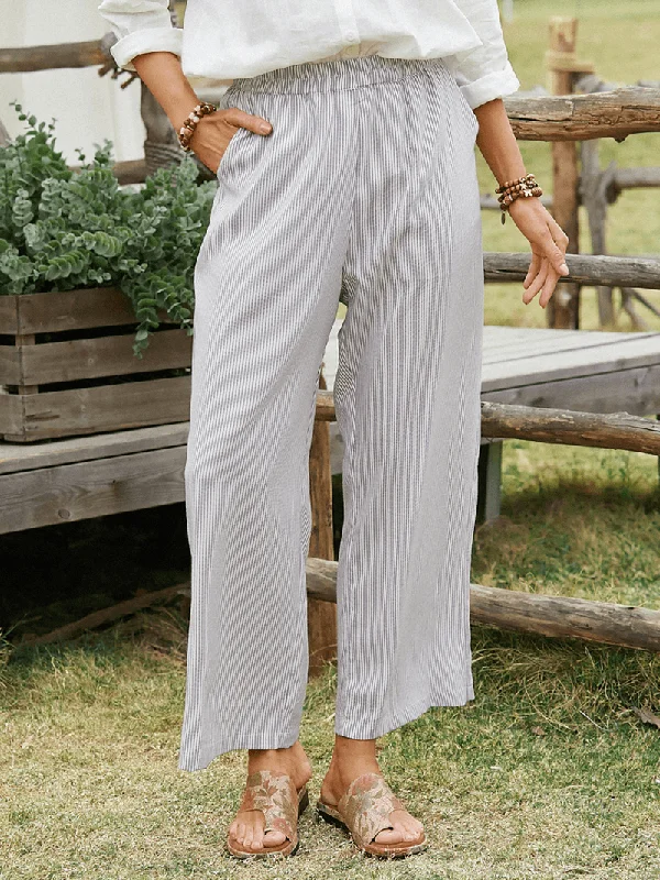 Flash Deal Striped Print Elastic Waist Pocket Wide Leg Casual Pants for Women
