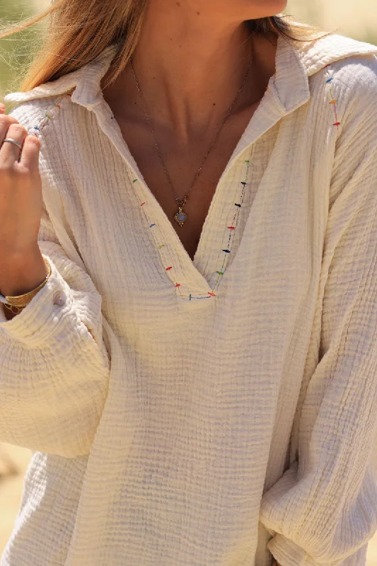 Overstock Clearance Price Fest Tunique écrue en gaze de coton col et manches raglan fils multicolores Overstock Clearance Price Fest Tunique écrue en gaze de coton col et manches raglan fils multicolores