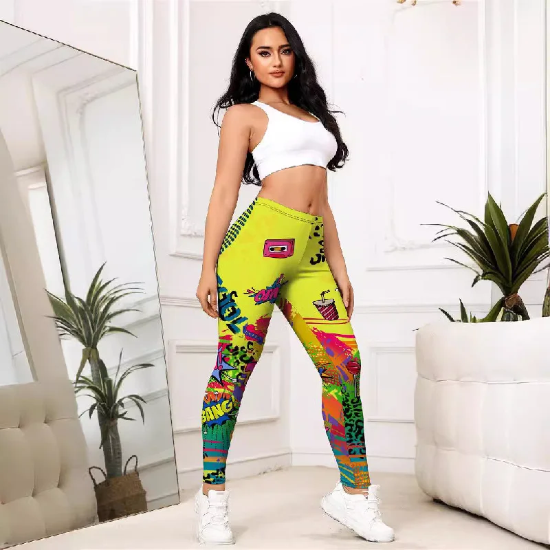 Weekend Discounts to Relish Yellow Cartoon Printed Sports Slim-fitting Leggings