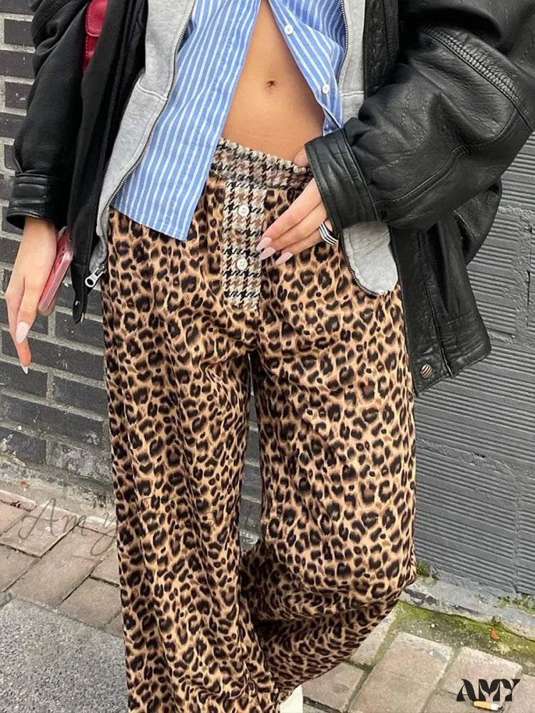 Extra Savings Elastic Waistband Leopard Houndstooth Print Casual Pants