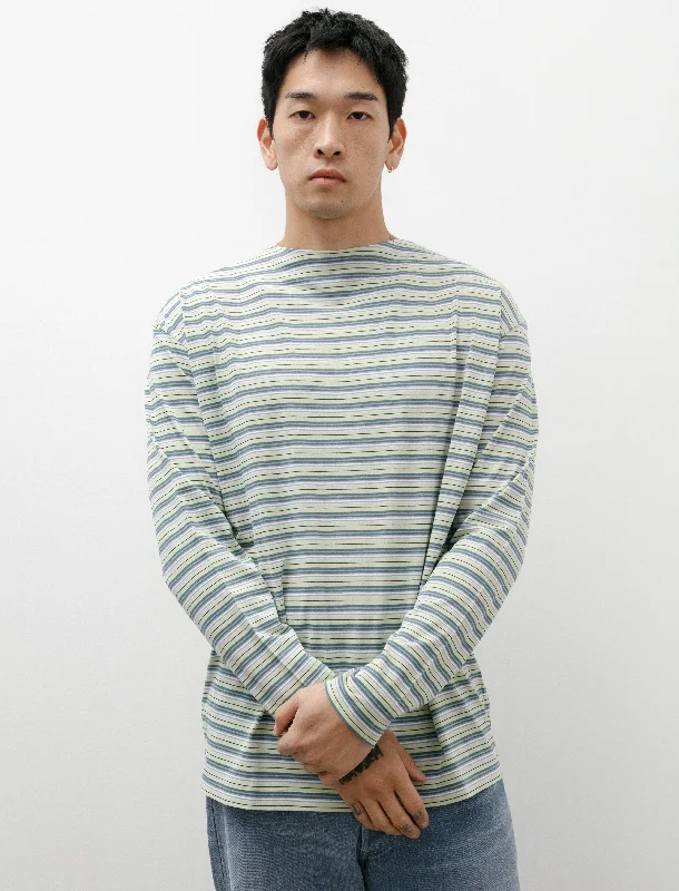 Inventory Reduction Hard Twist Cotton Border Boatneck L/S Tee Light Green