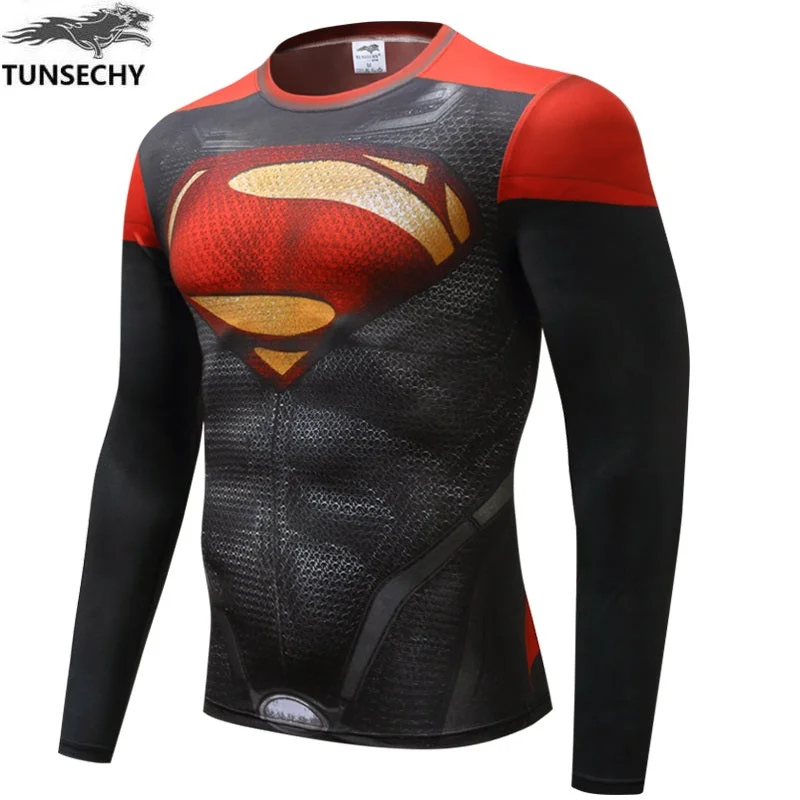 Autumn Winter Superhero Superman/Batman/Spiderman Men Long Sleeve T Shirt Compression Tights Tops  T-shirt