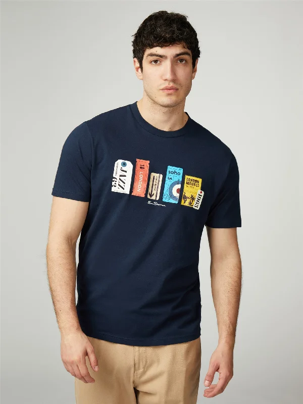 Stock Up Ben Sherman Men's 0078227 SS Tour Tickets Print T-Shirt Dark Navy