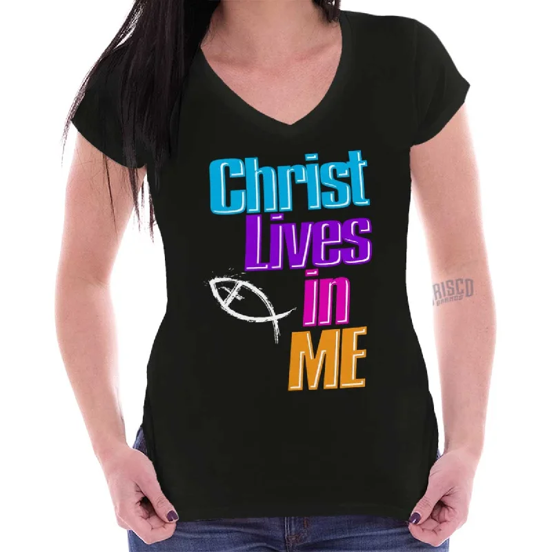 Christ Lives in Me Junior Fit V-Neck T-Shirt