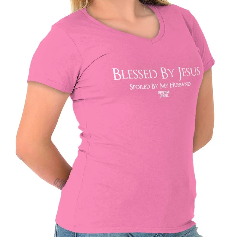 Christian Strong Spoiled By Jesus Printed - Junior Fitted V-Neck T-Shirt