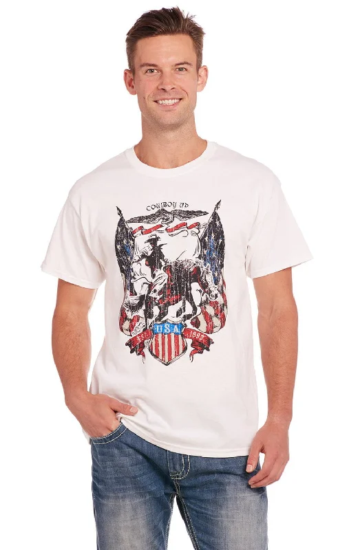 Price Rollback Cowboy Up Mens USA Flag Tee White 100% Cotton S/S T-Shirt