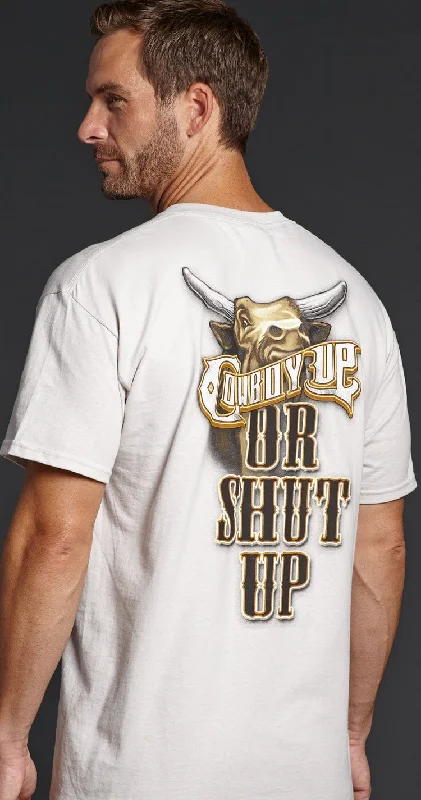 Overstock Clearance Cowboy Up Mens White Cotton S/S T-Shirt Bull Or Shut Up