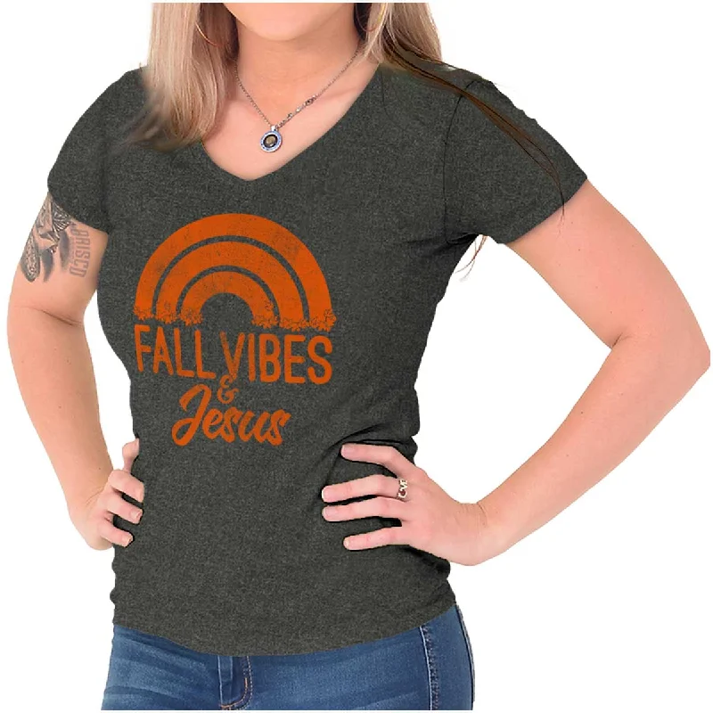 Fall Vibes & Jesus Junior Fit V-Neck T Shirt