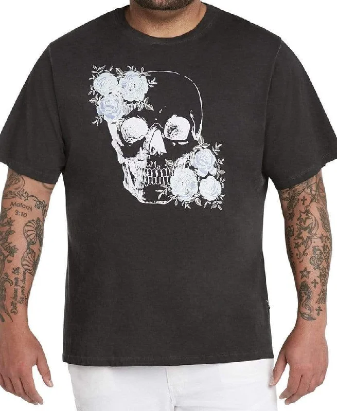 Daily Deals Floral Sequin Skull Print Oil Wash T Shirt