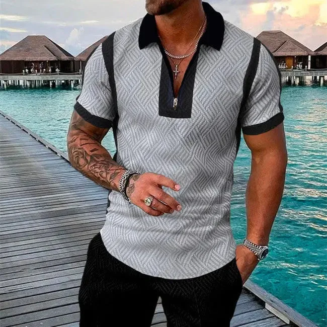 Men's Summer Fashion 3D Printed Short Sleeve Geometric Zip Lapel Shirt Set