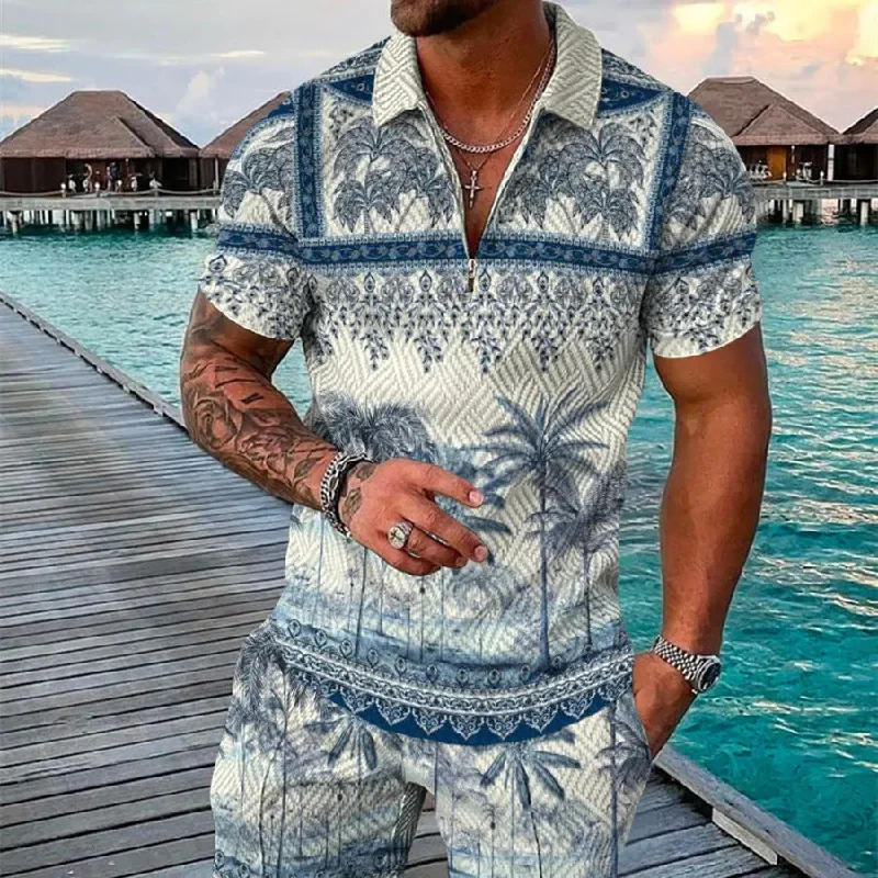 Men's Summer Fashion 3D Printed Short Sleeve Geometric Zip Lapel Shirt Set