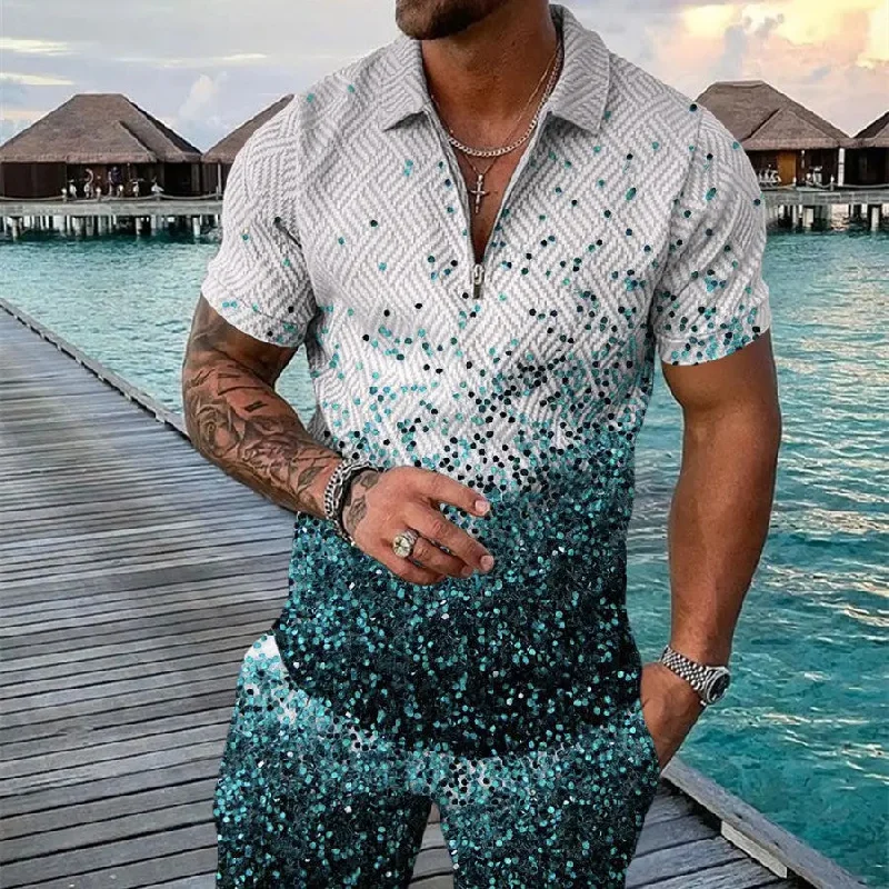 Men's Summer Fashion 3D Printed Short Sleeve Geometric Zip Lapel Shirt Set