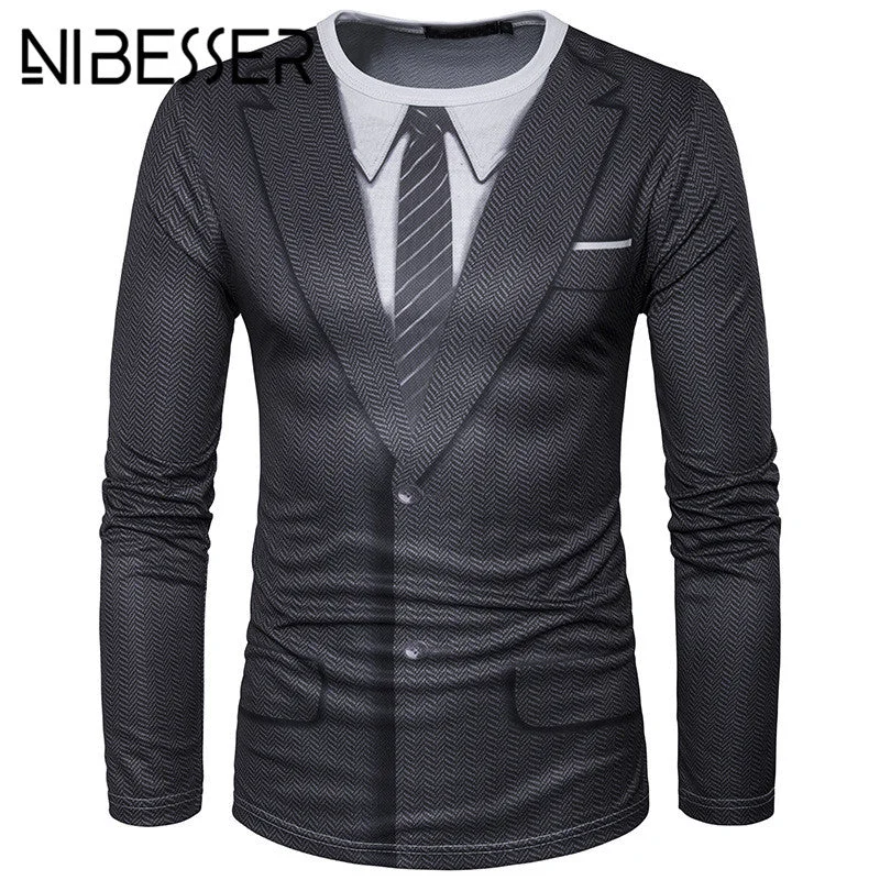 NIBESSER 2018 Spring Men's T shirts Casual fake 2 pieces 3d Printed Long Sleeve Male Slim Tee Tops Fashion Punk Rock Tee Shirts