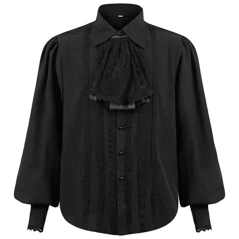 Punk Retro Shirt Men's Solid Color Pleated Lace Fake Collar Long Sleeve Loose  Shirt