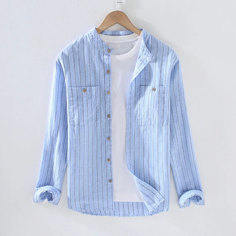 Stripe Double Pocket Chinese Style Stand Collar Casual Cotton Linen Long Sleeve Blouse