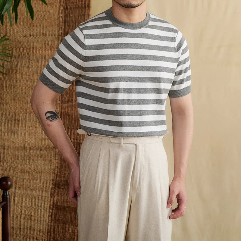 Striped Navy-striped Shirt Breathable Tencel Cotton Round Neck Short Sleeve T-shirt