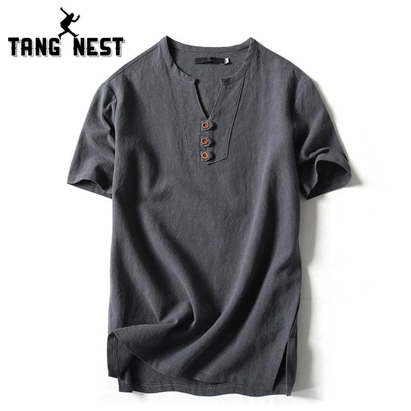 TANGNEST 2018 Summer Linen Short Sleeve T-shirt Casual Slim V-Neck Men T-shirt Comfortable Big Size 5XL 6 Colors T shirt MTS2498