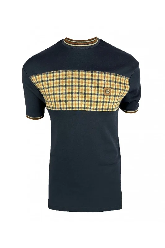Weekend Steals Await Trojan Records Men's TR8831 Gingham Panel Tee Shirt Navy Blue