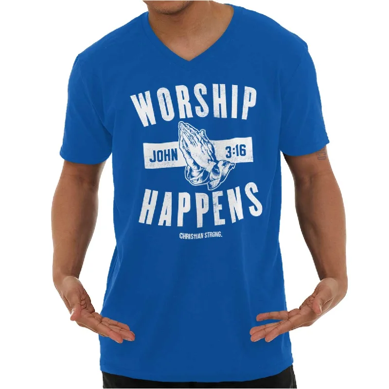 Worship Happens V-Neck T Shirt